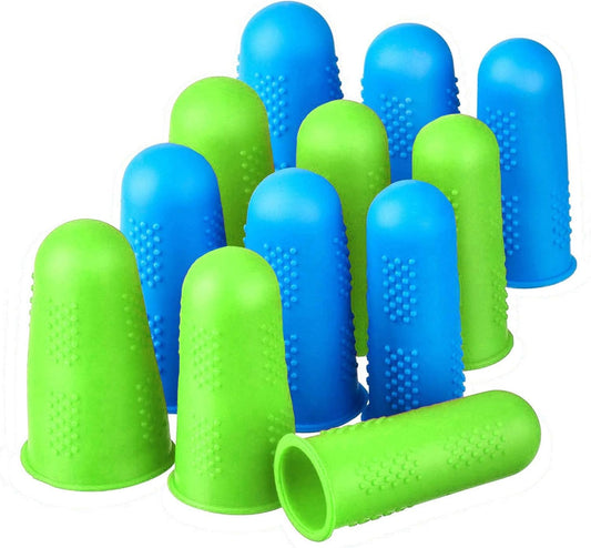 Finger Protectors,12 Pieces, Silicone Finger Protectors, 3 Sizes Rubber Fingers Thimble Protectors Guard Tips Caps Pads Cover for Hot Glue Gun | Embroidery | Sewing | Cutting| Sorting Task -Blue Green
