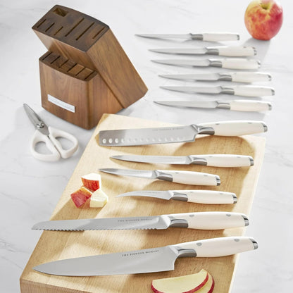 14 Piece Knife Block Set with Stainless Steel Blades, Full Tang Kitchen Knife Set with Wood Storage Block, Chef Knife Bread Knife Utility Steak Knives Kitchen Shears (Green)