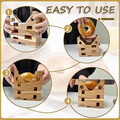 Adjustable Size Bagel Slicer For Small And Large Bagels, Acacia Wood Bagel Slicer Holder For Slicing Bagel Burger Buns English Muffins Biter Guillotine Slicer For Home Coffee Shop (No Knife)