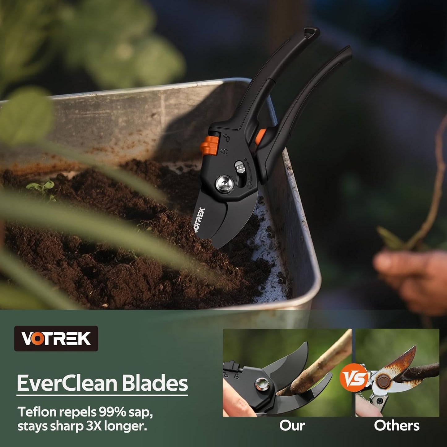 VOTREK® Pruning Shears, [Patented Stepless Handle Opening] - Garden Clippers with Ultra-Sharp SK5 Steel for Weak Hand, Bonsai Scissor Universal Fit for All Hand Sizes, Effortlessly Cut 1-Inch Branches