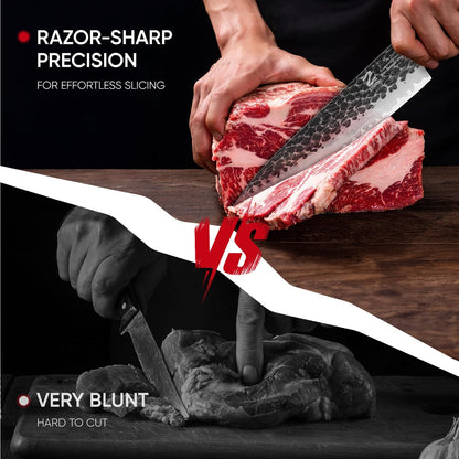 【Exclusive】 Gyuto Knife, 8 Inch Japanese Chef Knife, Handmade Forged 5-Layer VG10 High Carbon Steel, Hammered Finish Rust-Resistant Blade, Ergonomic Sandalwood G10 Handle Kitchen Knife with Gift Box