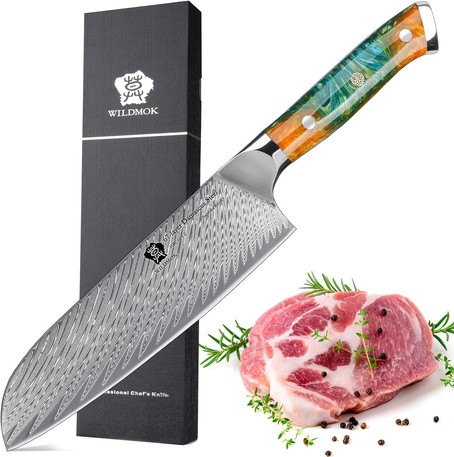WILDMOK Santoku Knife 7 Inch kitchen knife, Ultra Sharp with Japanese Damascus Forged Santoku Knife, Ergonomic Resin Handle, cooking gifts with gift box