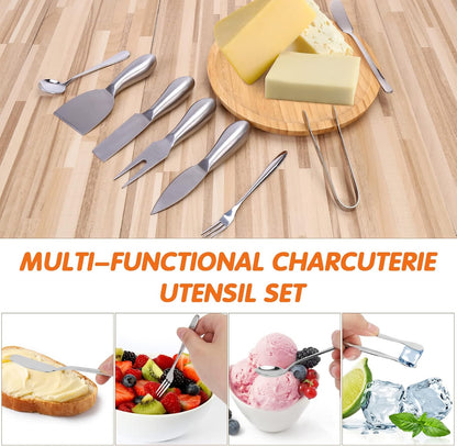 18 pieces Charcuterie Board Accessories, Gold Stainless Steel Cheese Knives, Butter Knife Spreader, Appetizer Forks, Mini Serving Tongs Spoons for Gathering Wedding Birthday...