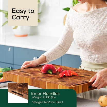Combo 2 Extra Teak Wood Cutting Board, End Grain & Edge Grain with Juice Groove and Handles, Knife Friendly, Reversible, Suitable for Chopping Meat, Vegetables, Aesthetics for The Kitchen