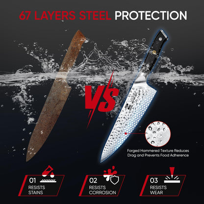 【Exclusive】 Gyuto Knife, 8 Inch Japanese Chef Knife, Handmade Forged 5-Layer VG10 High Carbon Steel, Hammered Finish Rust-Resistant Blade, Ergonomic Sandalwood G10 Handle Kitchen Knife with Gift Box