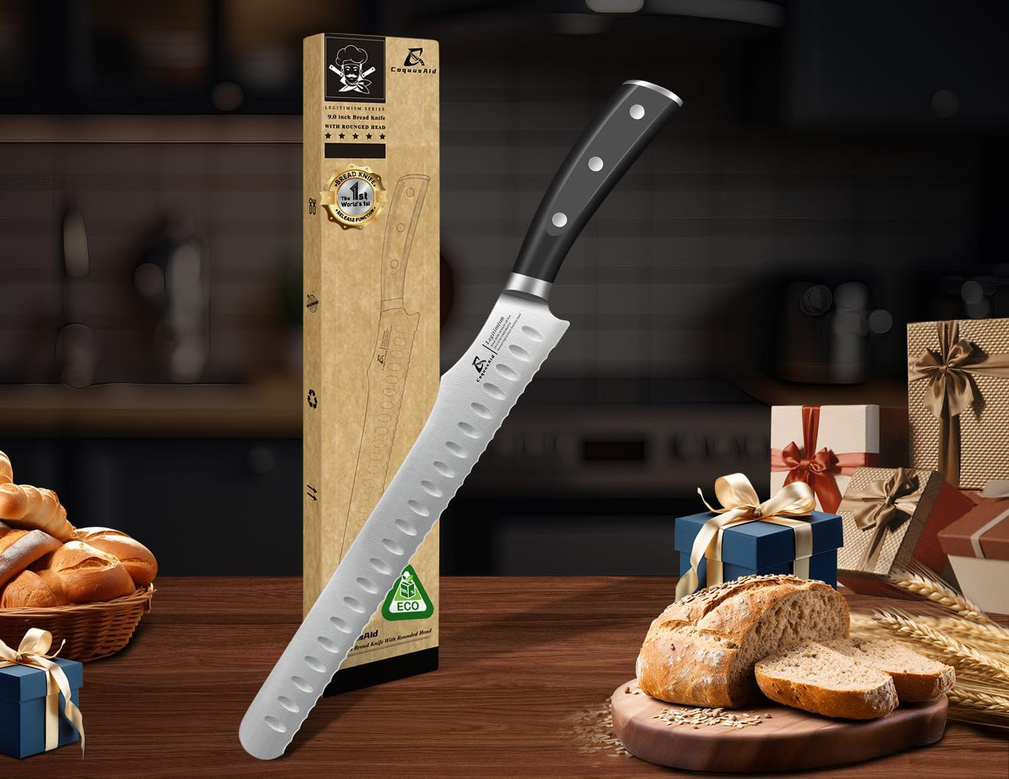 CoquusAid Bread Knife for Homemade Bread, 9 Inch Multifunction Serrated Knife, Razor Sharp Slicer, High Carbon German Steel Bread Cutter, Ergonomic Handle Design for Sourdough Turkey Fruit Cutting
