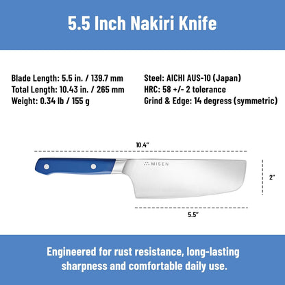 Misen 5.5” Nakiri Knife - Japanese Vegetable Knife, AICHI ACUTO440 High-Carbon Stainless Steel - Razor-Sharp 14° Edge - Compact, Rust-Resistant Kitchen Knife for Chopping, Slicing & Meal Prep - Blue