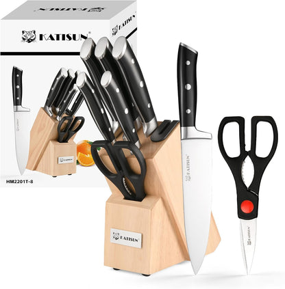 Kitchen Knife Set,14-Piece Knife Set With Block Wooden, Self Sharpening For Chef Knife Set, High Carbon German Stainless Steel Hammered Collection Knife Block Set, Dishwasher Safe Cutlery, Cream