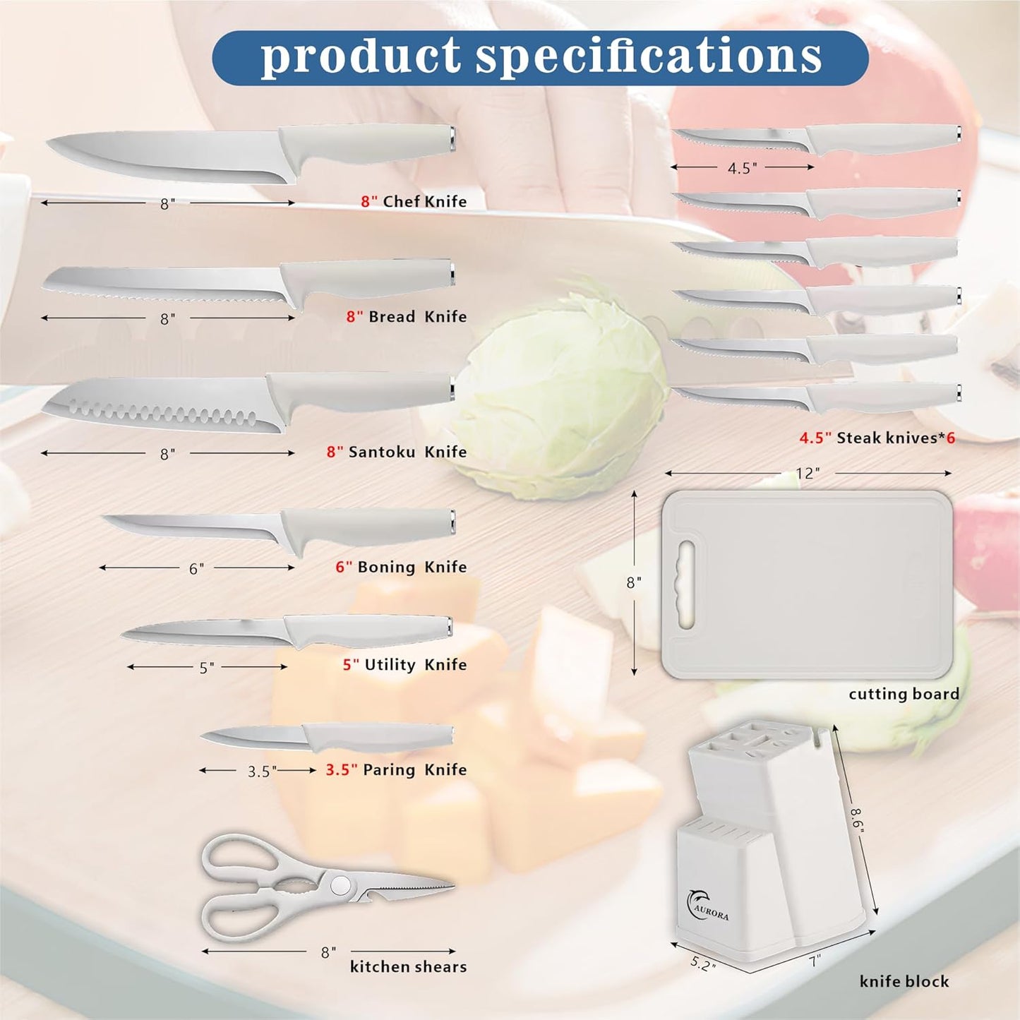 Knife Set, 15 Piece Knife Block Set with Built-in Sharpener, Dishwasher Safe, Rust Resistant, Ergonomic Handle, Stainless Steel White