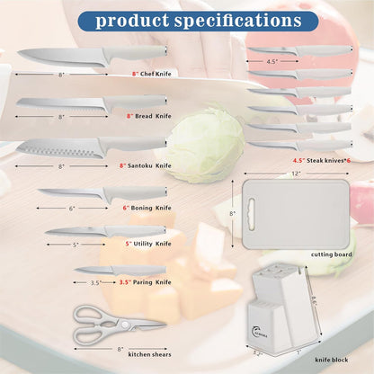 Knife Set, 15 Piece Knife Block Set with Built-in Sharpener, Dishwasher Safe, Rust Resistant, Ergonomic Handle, Stainless Steel White