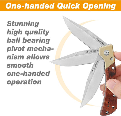 FLISSA Pocket Knife, Folding Knife with D2 Steel Blade, Ball Bearing, Elegant Copper & Wood Handle, Liner Lock, Pocket Clip, Cleaning Cloth, Perfect for EDC, Daily Use, Outdoor
