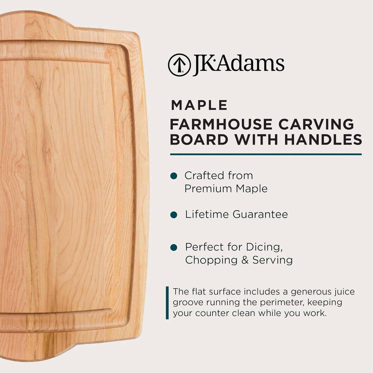 J.K. Adams 20-Inch-by-14-Inch Maple Wood Farmhouse Carving Board with Juice Groove, Brown