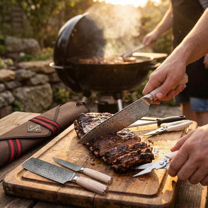 KOFERY Damascus Steel Butcher Knife Set with Full Tang Blades for Pit Master BBQ Meat Carving, Smoking Meat & Game Processing with Canvas Knife Roll for Camping, Gift for Men