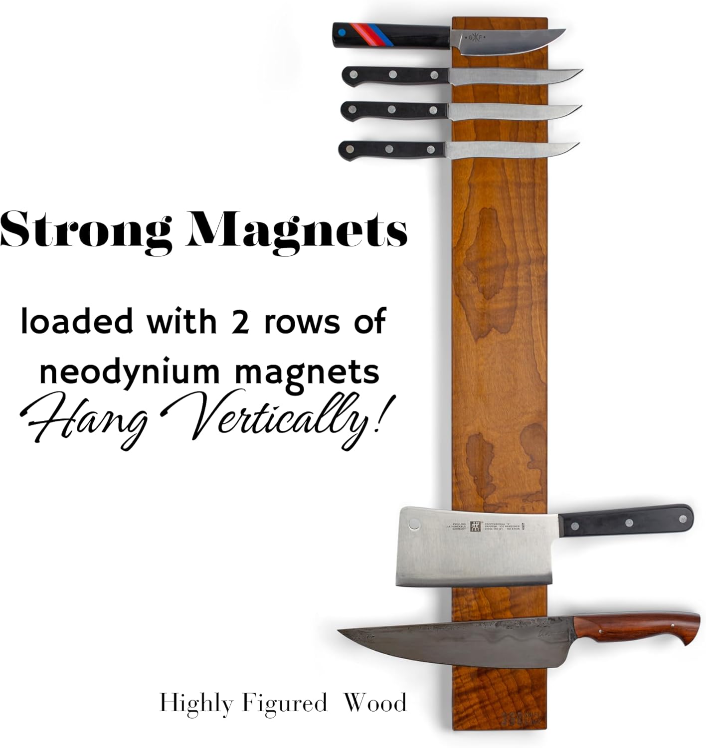 360KnifeBlock magnetic knife BAR - Guitar Wood - 2 Rows of Magnets, 'magic floating backer' w/level system, 2"screws - handmade in Washington (Guitar wood, 18" wide)