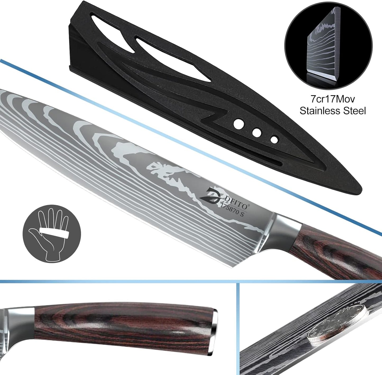 Dfito Chef Knife Sets with Roll Bag, 9 Pieces Professional Knife Set, High Carbon Stainless Steel Kitchen Chef Knife Set, Blue Resin Handle, Dishwasher Safe
