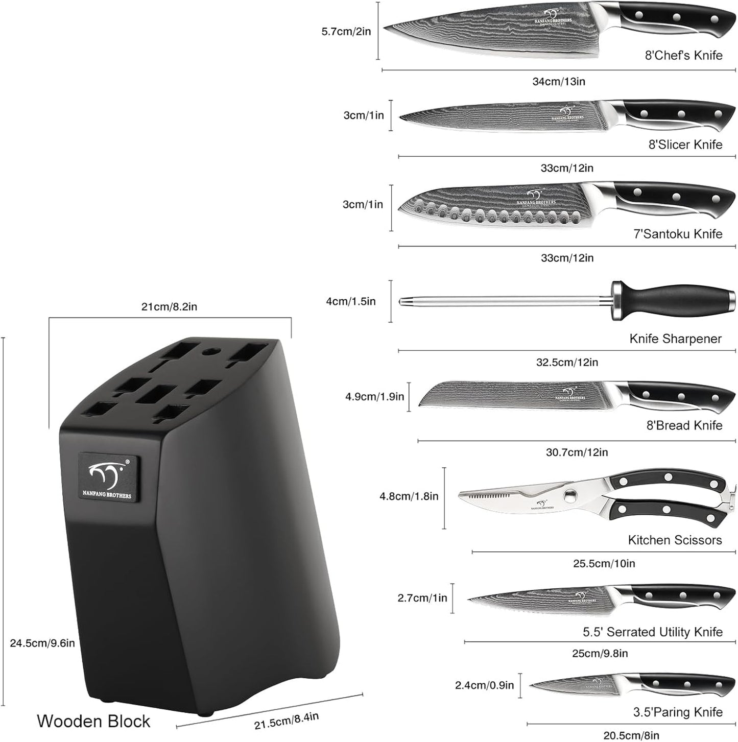 18 Pieces Damascus Kitchen Knife Set, 8 Piece Steak Knives, Non-slip ABS Ergonomic Triple Rivet Handle for Meat Fork, Knife Sharpener and Shears, 17 Slots Fraxinus Manchuria Knife Block (Grey)