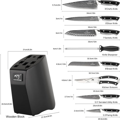18 Pieces Damascus Kitchen Knife Set, 8 Piece Steak Knives, Non-slip ABS Ergonomic Triple Rivet Handle for Meat Fork, Knife Sharpener and Shears, 17 Slots Fraxinus Manchuria Knife Block (Grey)