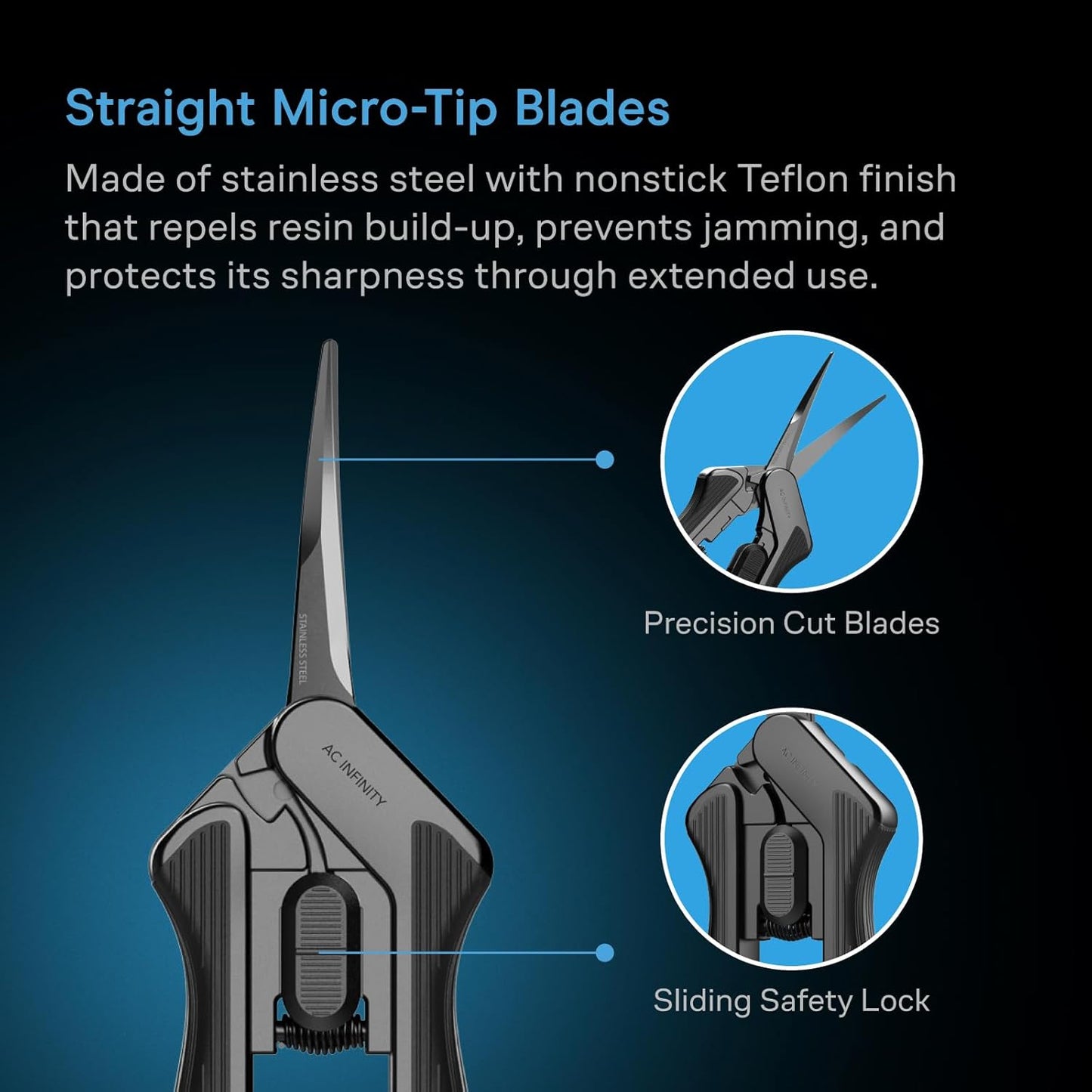 AC Infinity 6.6” Stainless Steel Pruning Shear, Lightweight Ergonomic Design, Straight Precision Blades with Nonstick Teflon Coating for Gardening, Hydroponics, Grow Tents