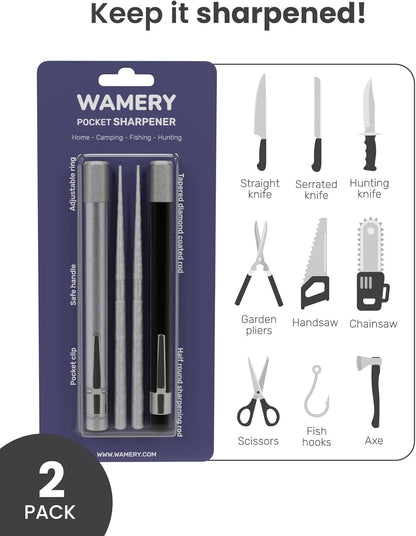Wamery Serrated Knife Sharpener 2 Pack - Retractable Diamond Rod Pocket Sharpener for Serrated & Straight Blades - Multifunctional Sharpening Tool for Outdoor Kitchen Fishing Hunting (Silver & Black)