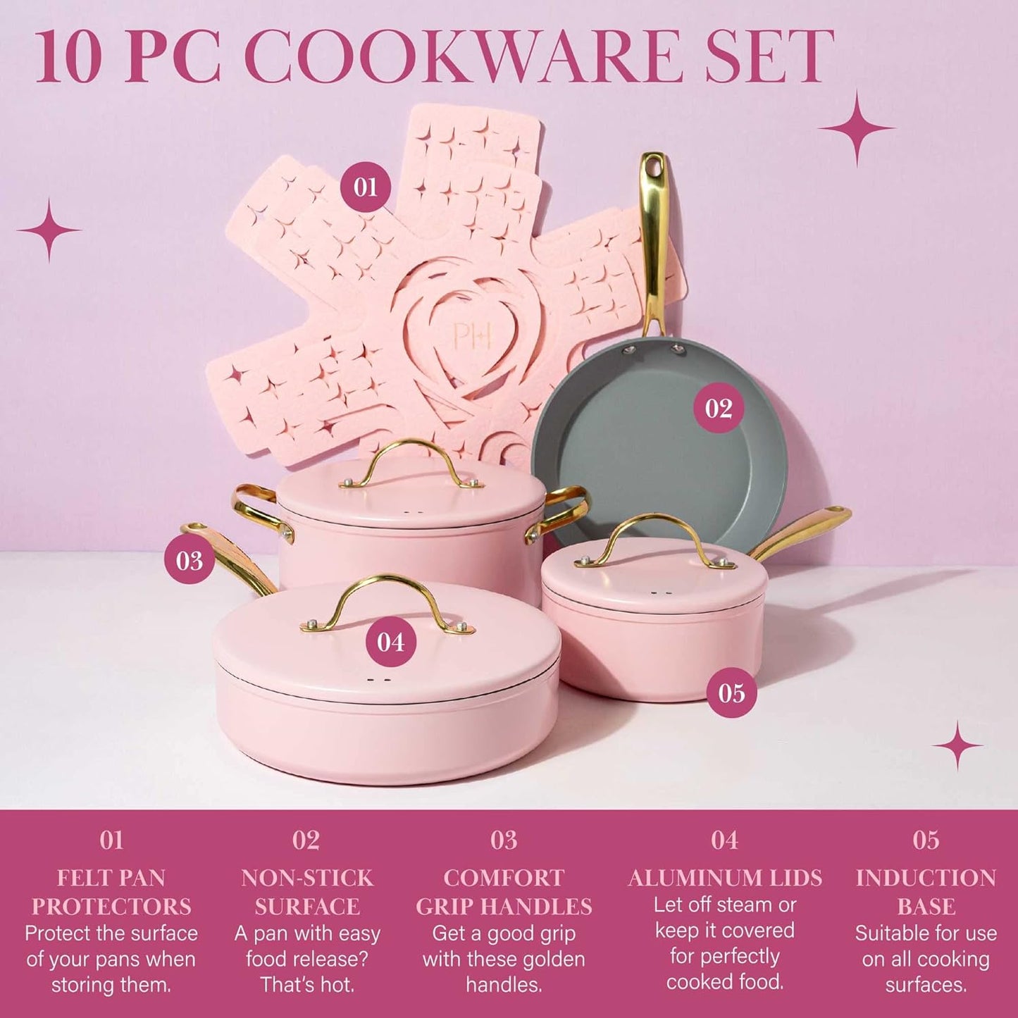 Paris Hilton Bamboo Cutting Board for Kitchen, Reversible Cutting Board and Cutlery Set with High Carbon Stainless Steel Knives and Blade Guards, Comfortable Handle Grips, 7-Piece Set, Gold and Pink