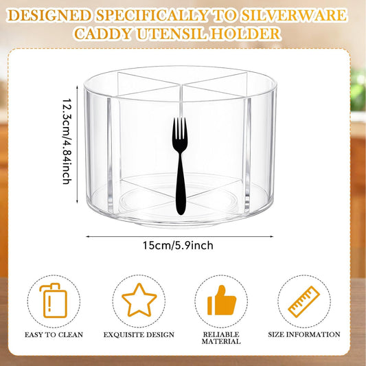 360° Rotating Acrylic Utensil Caddy, 4 Compartment Plastic Silverware Cutlery Holder Countertop Flatware Storage Organizer for Kitchen Office Desk Picnic Camping Party