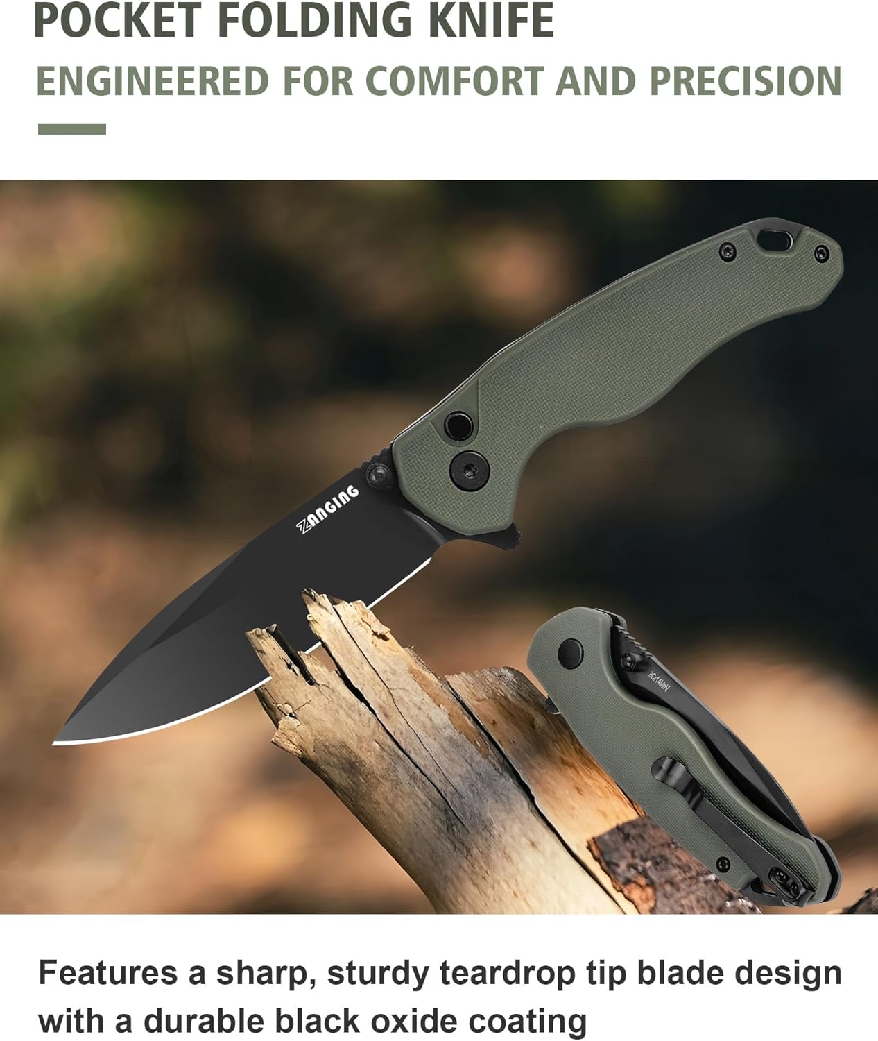 Pocket Folding Knife(EDC)- With 2.99” 8Cr14MoV Steel Blade and G10 Handle,- Lightweight Folding knives with Clip for Camping, Hiking, Hunting Survival Multi-Knife (Green)