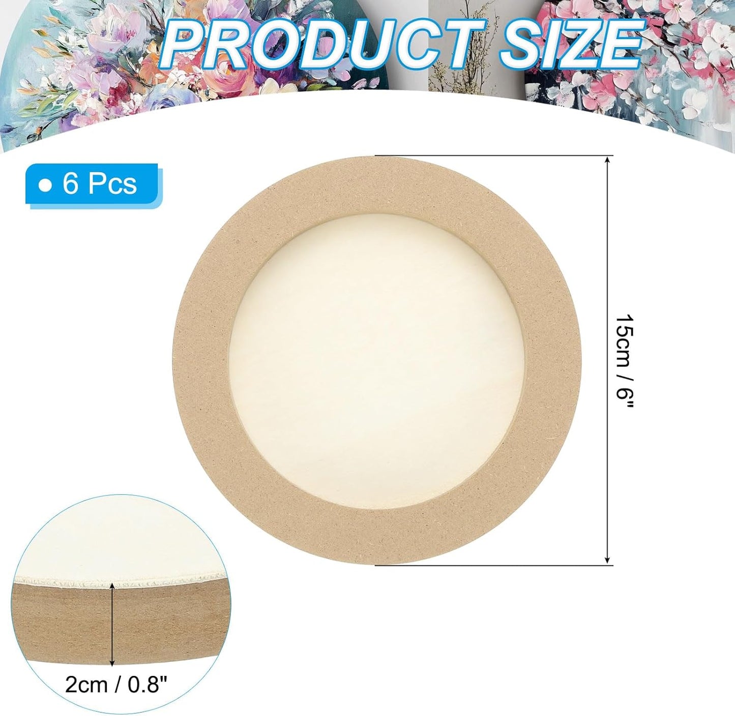 PATIKIL 8" Round Wood Canvas Panels, 6pcs Unfinished Wood Plaque Disc Circle Board for Craft Projects, Art Painting, Carving, Engraving, DIY