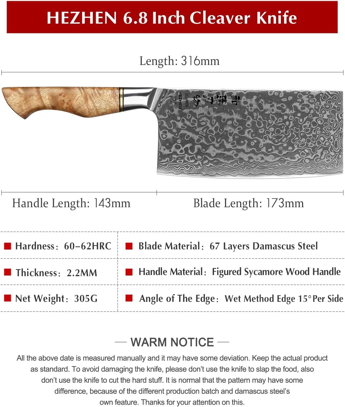 HEZHEN 6PCS Kitchen Knife Set Professional Forged Damascus High Carbon Steel Steak Knife Figured Sycamore Wood Handle-Porcelain Gift Package