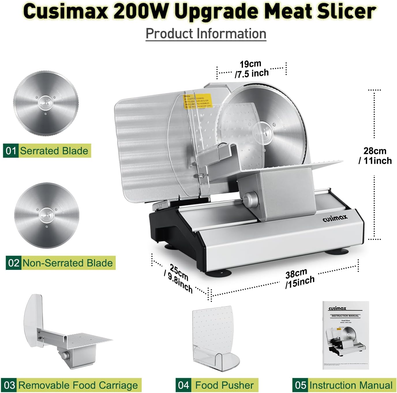 Meat Slicer,CUSIMAX Electric Deli Meat Slicer with 2 Removable 8.7''Stainless Steel Blades,Removable Food Carriage,1-20mm Adjustable Thickness Food Slicer for Home,Easy for Cut Meat,Cheese,Bread