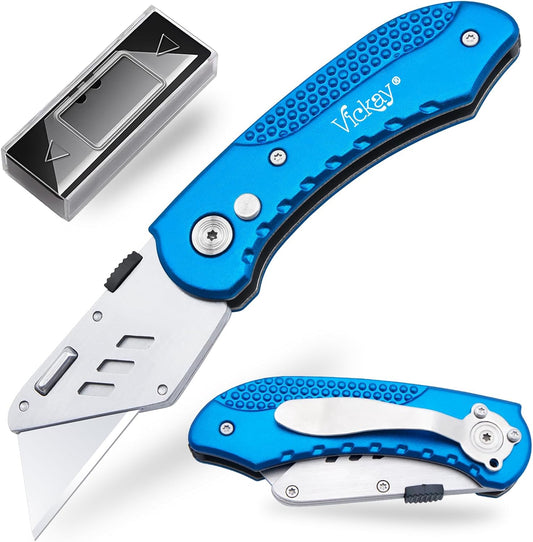 Vickay Folding Utility Knife, Box Cutter with 5 SK5 Quick Change Blades, Safety Axis Lock Design Razor Knife, Lightweight Aluminum Handle Belt Clip for Office Home Artcraft （Light Purple)