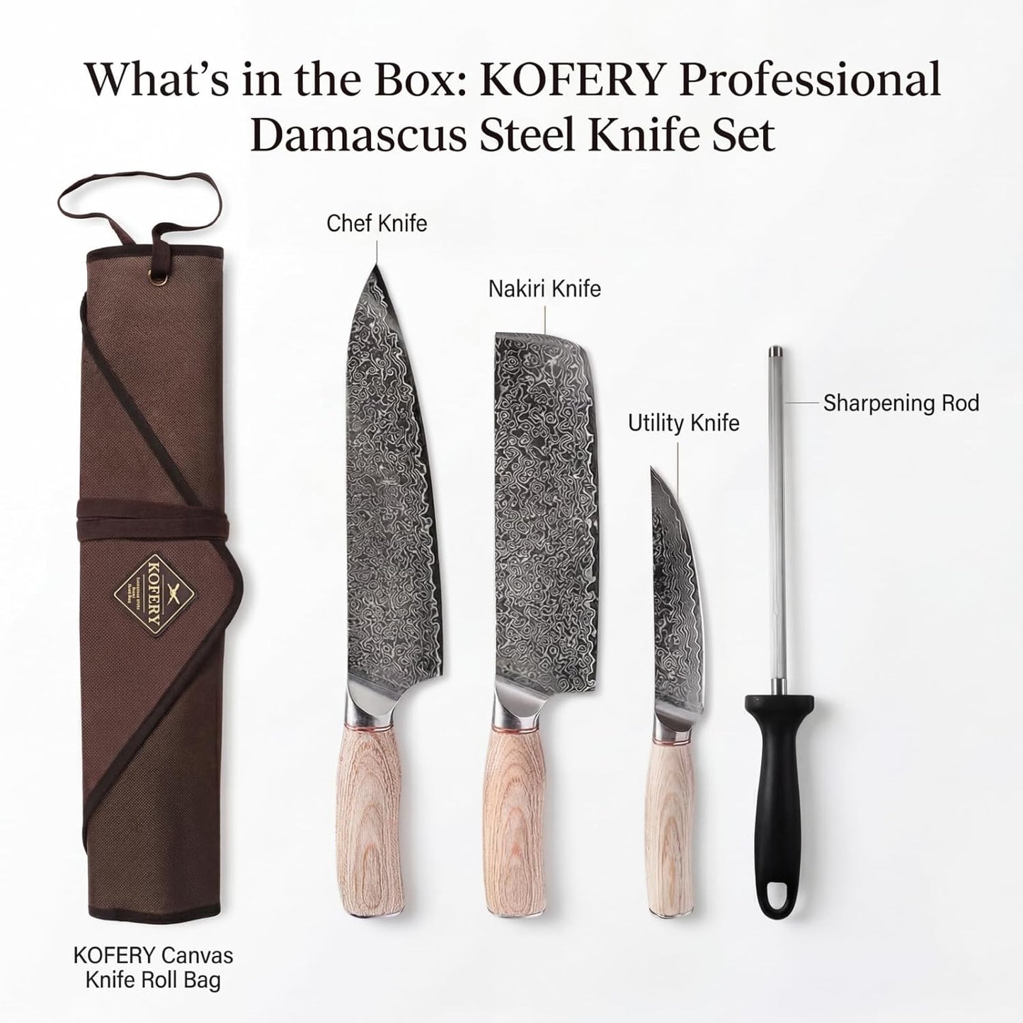 KOFERY Damascus Steel Butcher Knife Set with Full Tang Blades for Pit Master BBQ Meat Carving, Smoking Meat & Game Processing with Canvas Knife Roll for Camping, Gift for Men