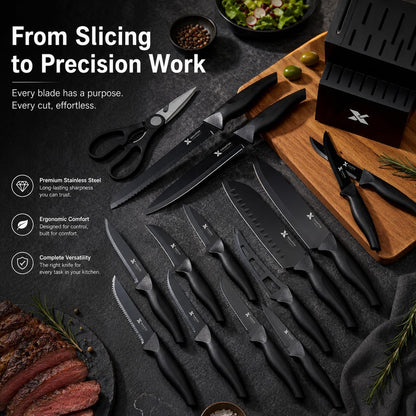 XANAPON 19-Piece Black Kitchen Knife Set with Block and Built-in Sharpener, High Carbon Stainless Steel Chef Knives Set for Kitchen with 8 Steak Knives, Ergonomic Handles, Perfect Housewarming Gift