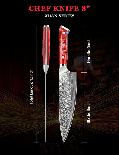 Chef Knife - 8 inch - Xuan Series - VG10 Damascus Steel Kitchen Knife - Resin Handle (Sapphire Blue)