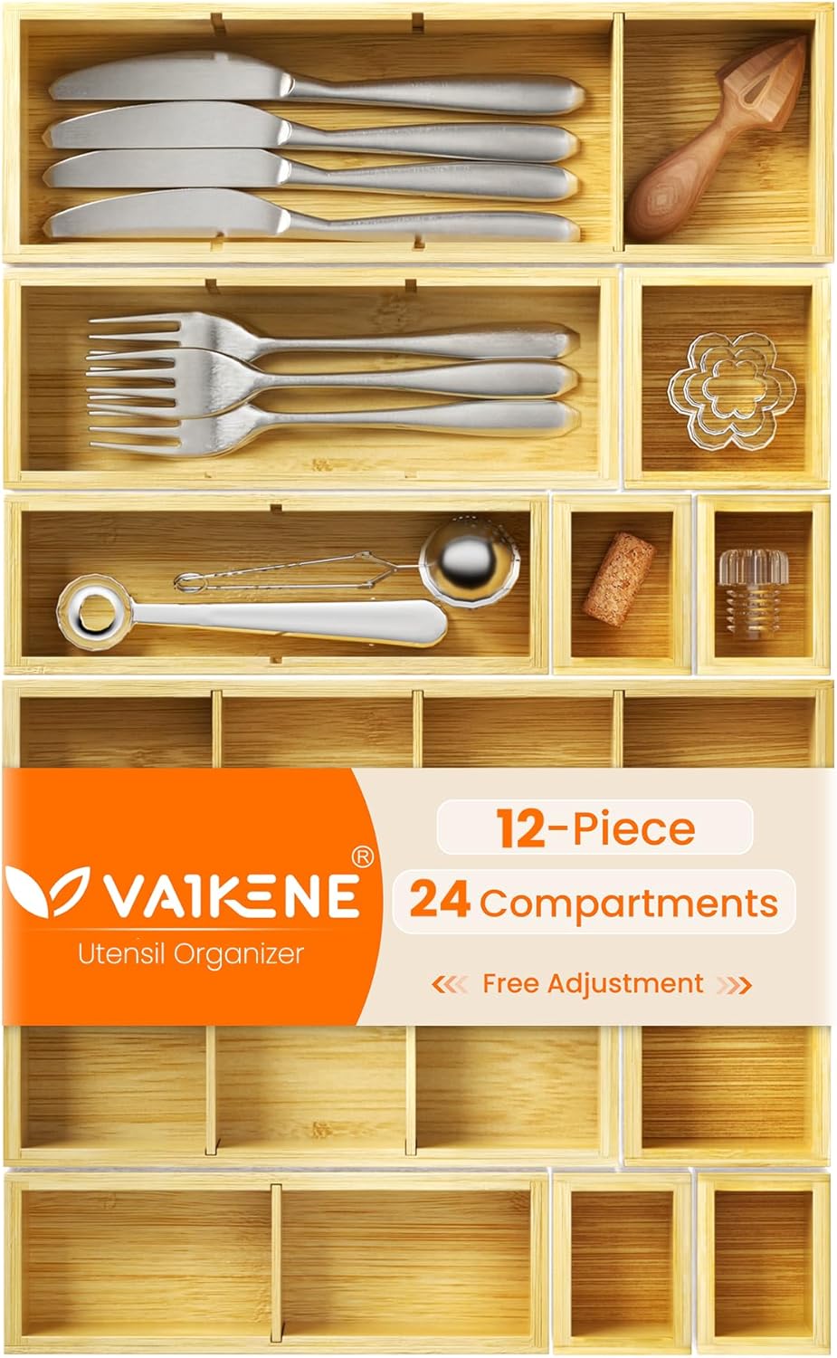 12 Compartments Silverware Drawer Organizer, 6 Piece Bamboo Utensil Tray Set for Kitchen Spoons Forks Knives, Adjustable Cutlery Holder with Removable Dividers for Flatware, Bedroom & Living Room