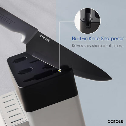 CAROTE 14Pcs Kitchen Knife Set, Stainless Steel knife set with ABS Block, Rustproof Cutlery with Ceramic Surface, 6 Steak Knives