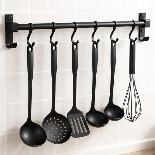 Kitchen Hanging Rack Utensil Rod, Metal Kitchen Holder Hanger, Wall Mounted Storage Rail Rack with 6 Movable Hooks for Hanging Cooking Utensils, Mugs, Spoons (31.5 inch, Black)