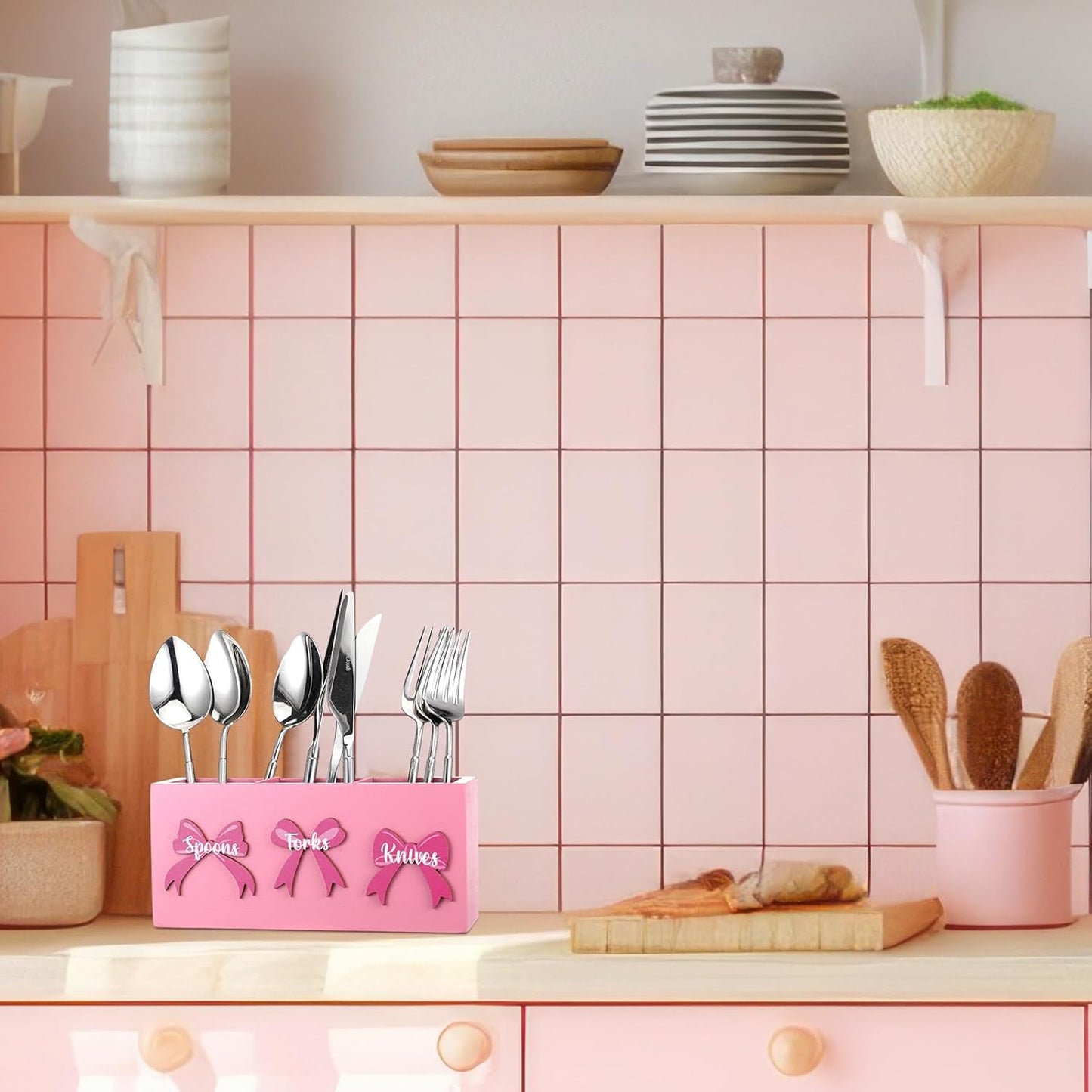 Patelai Pink Bow Wood Flatware Silverware Caddy for Countertop Small Decorative Christmas Utensil Holder Kitchen Counter with 3 Compartment Farmhouse Knife Spoon and Fork Holder for Party Kitchen
