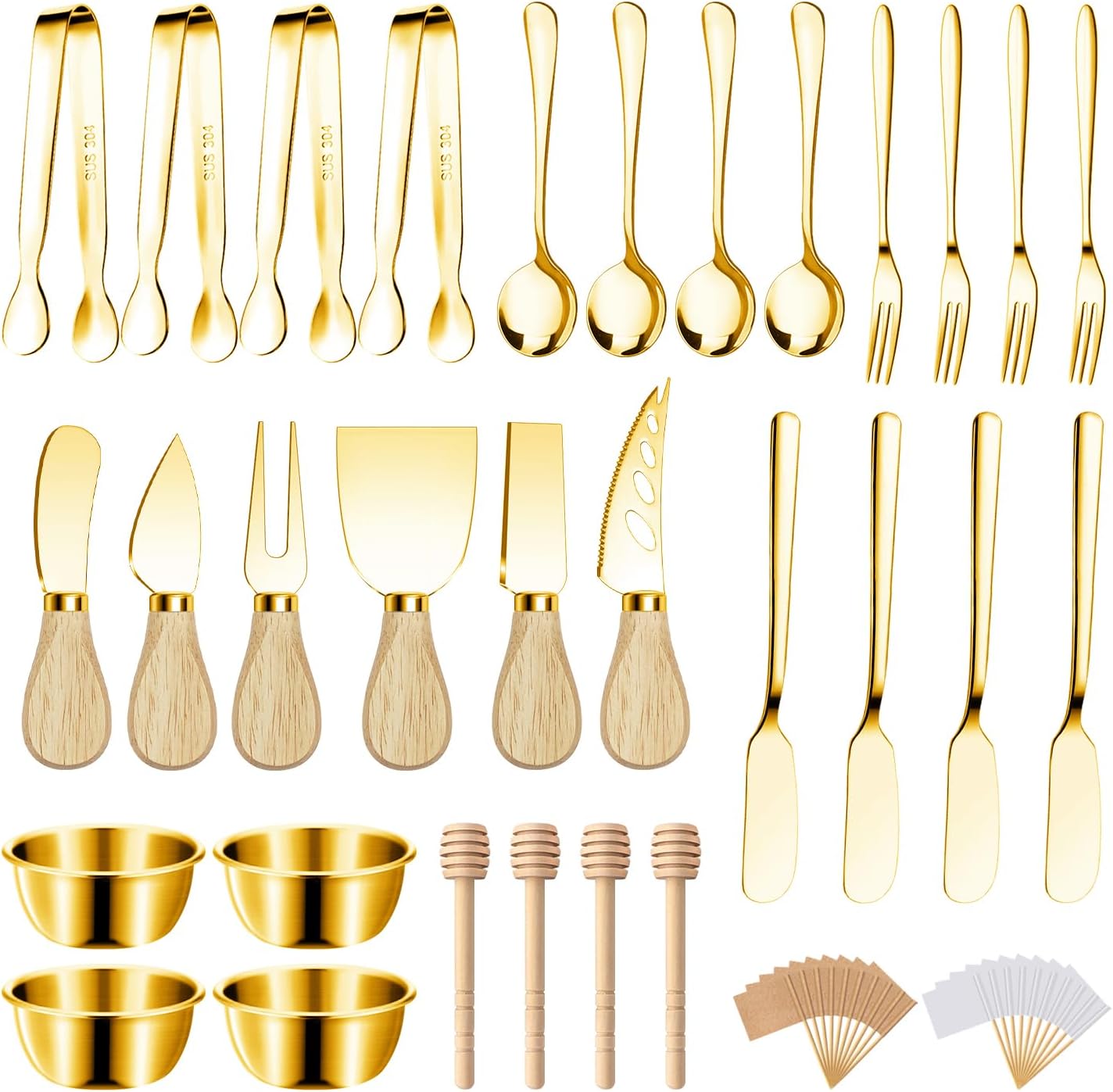 Charcuterie Boards Accessories Gold Charcuterie Utensils Cheese Butter Spreader Knife Set Small Serving Tongs Forks and Spoons Dipping Bowls Honey Dippers Toothpick Flags for Party Platter Appetizers