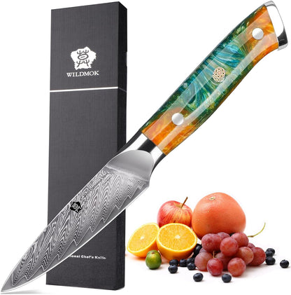 WILDMOK Paring Knife 3.5 Inch, Japanese Damascus Fruit Knife, Small peeling knife Perfect for Cutting Fruit Vegetables Petty Knife