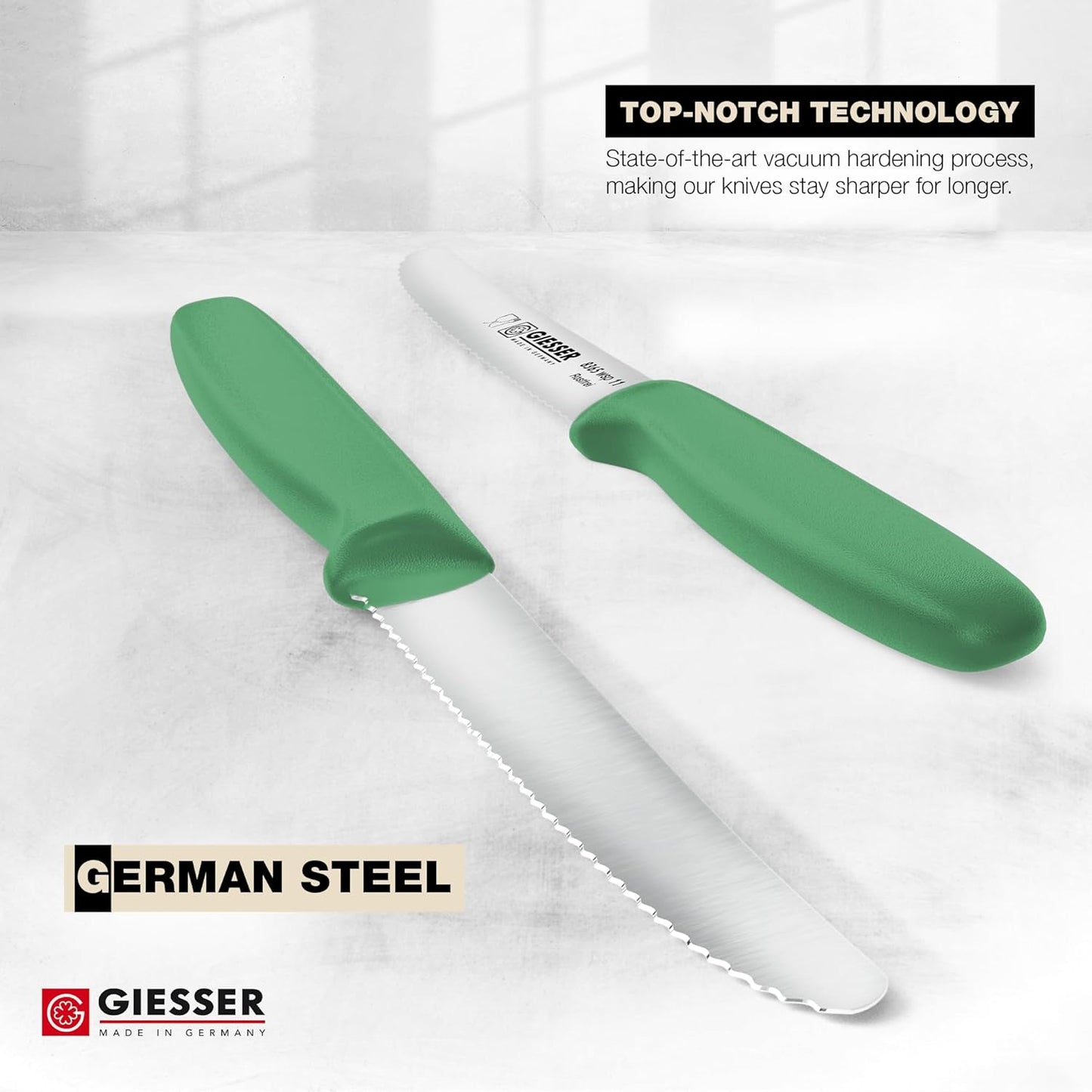 Giesser since 1776, Made in Germany, Serrated kitchen knives round tip dishwasher safe 4.5 inch - Tomato knife, Steak knive set of 6 (MIX Color)