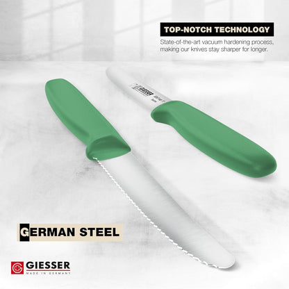 Giesser since 1776, Made in Germany, Serrated kitchen knives round tip dishwasher safe 4.5 inch - Tomato knife, Steak knive set of 6 (MIX Color)