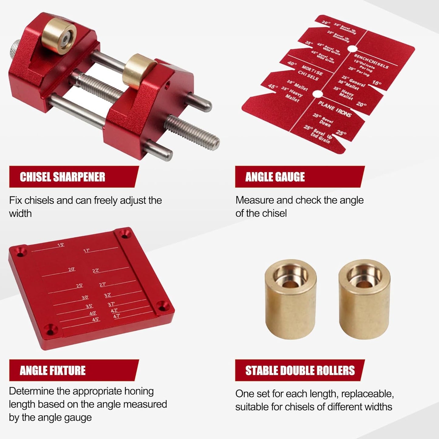 Honing Guide System Chisel Sharpening Kit for Woodworking Chisels and Planes, Chisel Sharpening Jig with Adjustable Angle Fixture and Angle Gauge, Red