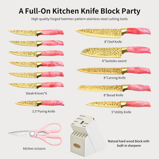 Knife Set, Non Stick Thick and Sharp Stainless Steel Kitchen Knives Set with Wood Block, 14 Pcs Cutlery Knives Block Set with Steak Knife, Bread Knife, Scissors, Chef Quality, White Handle Gold Blade