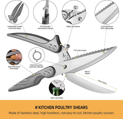 Heavy Duty Kitchen Shears for Food - Stainless Steel Kitchen Scissors Detachable Design, All-Purpose Meat and Poultry Scissors, Dishwasher Safe - Grey