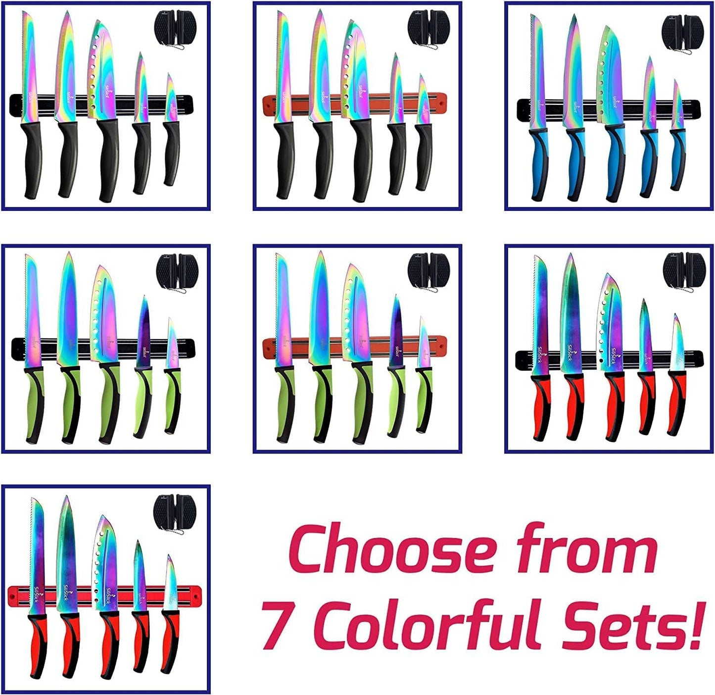 SiliSlick Kitchen Knife Set Kit, 5 Dishwasher Safe Colorful Knives, Knife Sharpener & Magnetic Wall Bar, Titanium Non Stick Plating Stainless Steel