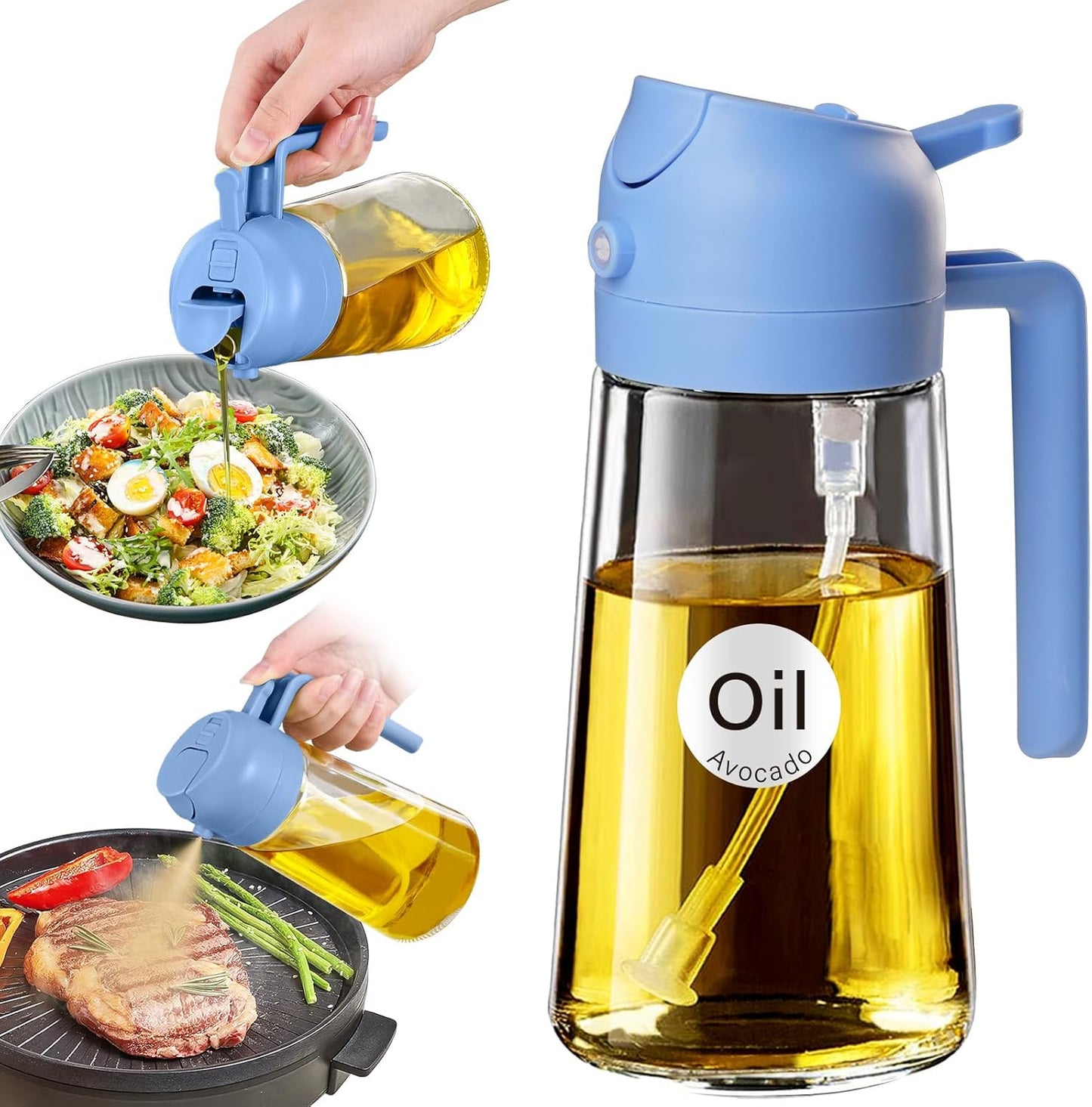 YARRAMATE 16oz/470ml Glass Olive Oil Sprayer for Cooking with Stickers, 2 in 1 Oil Dispenser for Kitchen Gadgets, Food Grade Premium Spray Bottle for Salad, Frying, BBQ (Creamy White)