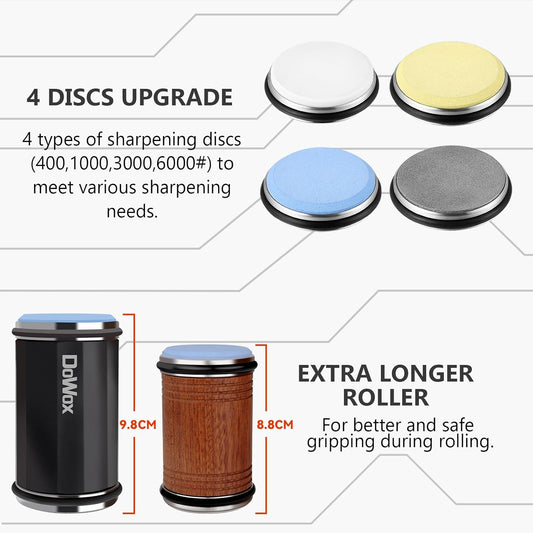 Knife Sharpener,Longer Rolling Knife Sharpener Kit,Diamond & Ceramic Knife Sharpening System with Leather Strop,4 Angle Guide, Replaceable Discs for All Kitchen Knives