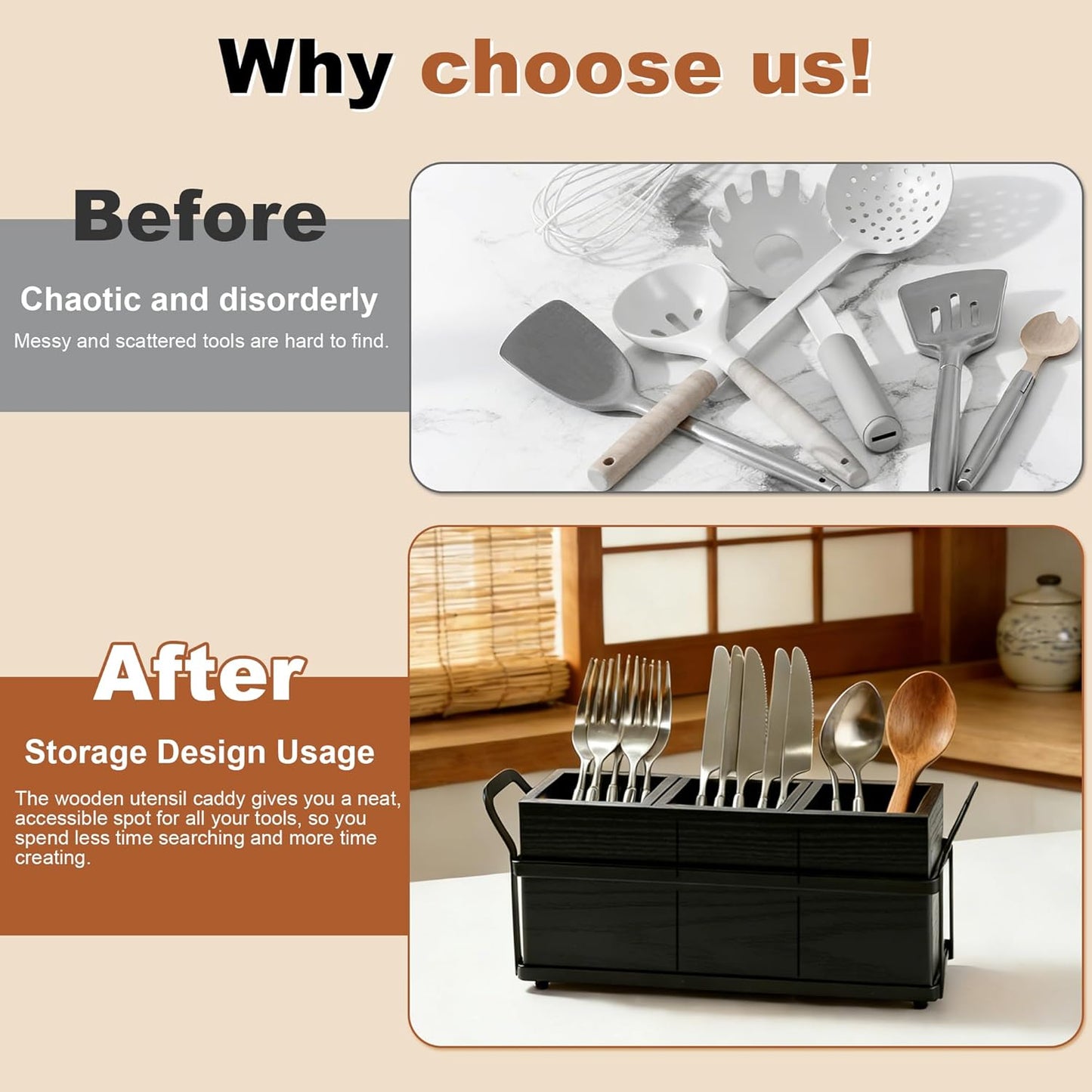 Kitchen Utensil Holder for Countertop, 3 Compartments Wooden Utensils Organizer for Cooking Utensils, Silverware, Spatula, Fork, Knife, Cutlery Storage for Kitchen Counter-White