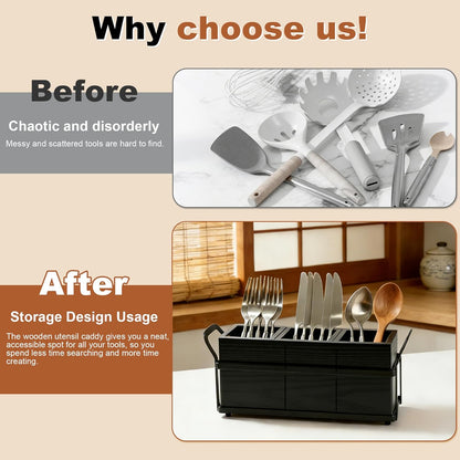 Kitchen Utensil Holder for Countertop, 3 Compartments Wooden Utensils Organizer for Cooking Utensils, Silverware, Spatula, Fork, Knife, Cutlery Storage for Kitchen Counter-White