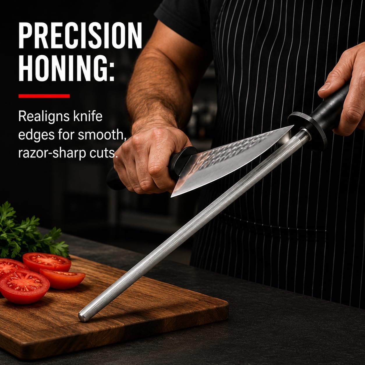 Professional Butcher’s Honing Steel – Round Rod for Chefs, Meat Cutters, and Home Kitchens – Carbon Steel Knife Alignment Tool with Non-Slip Handle (14 inch)